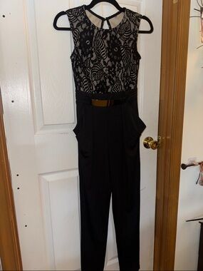 Black Lace Bodice Sleeveless Jumpsuit with Metallic Belt